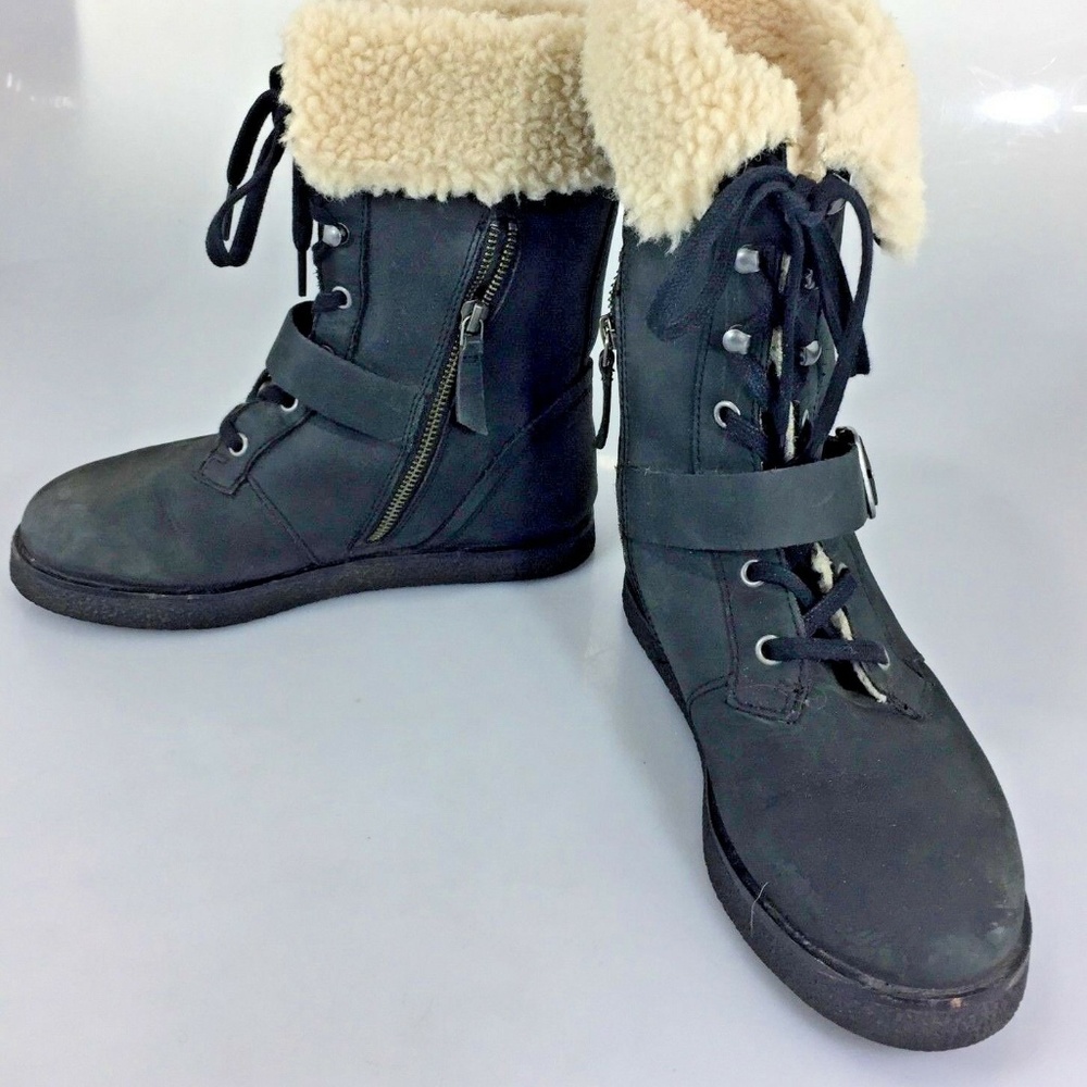 Koolaburra Black Leather Boots Shearling Womens 6 - Picture 1 of 8